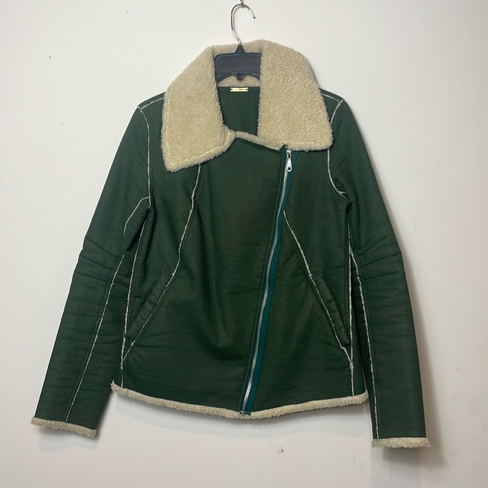 REBECCA MINKOFF Quinn Green Faux Shearling Moto Bomber Jacket NWOT - Picture 4 of 10